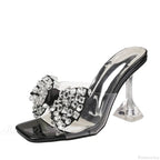 Big Size Clear Modern Slippers Sexy Crystal Bowknot Square Toe Transparent Sandals High Heel