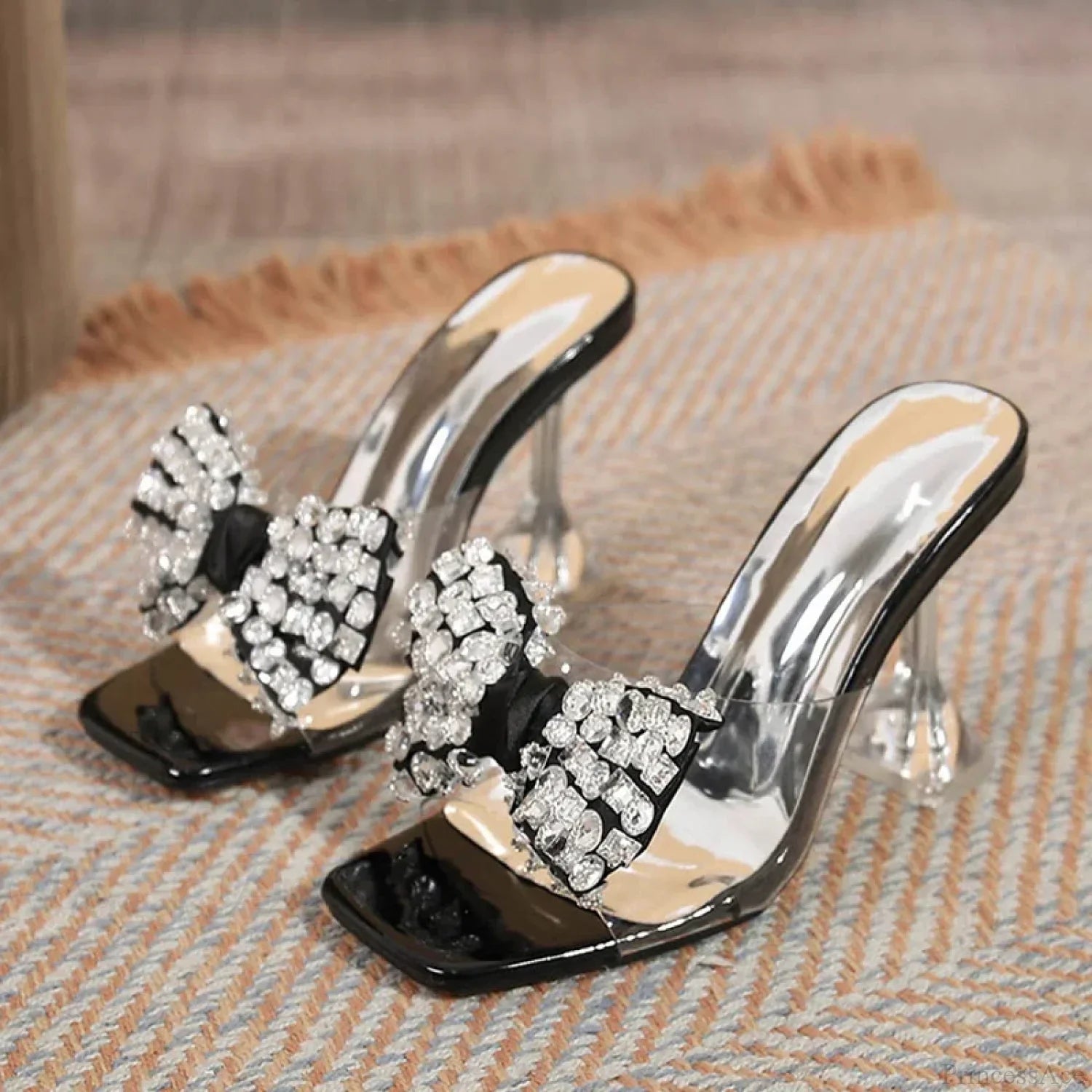 Big Size Clear Modern Slippers Sexy Crystal Bowknot Square Toe Transparent Sandals High Heel
