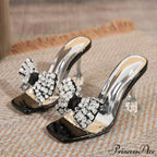 Big Size Women's Clear High Heel Sandals with Crystal Bowknot Square Toe