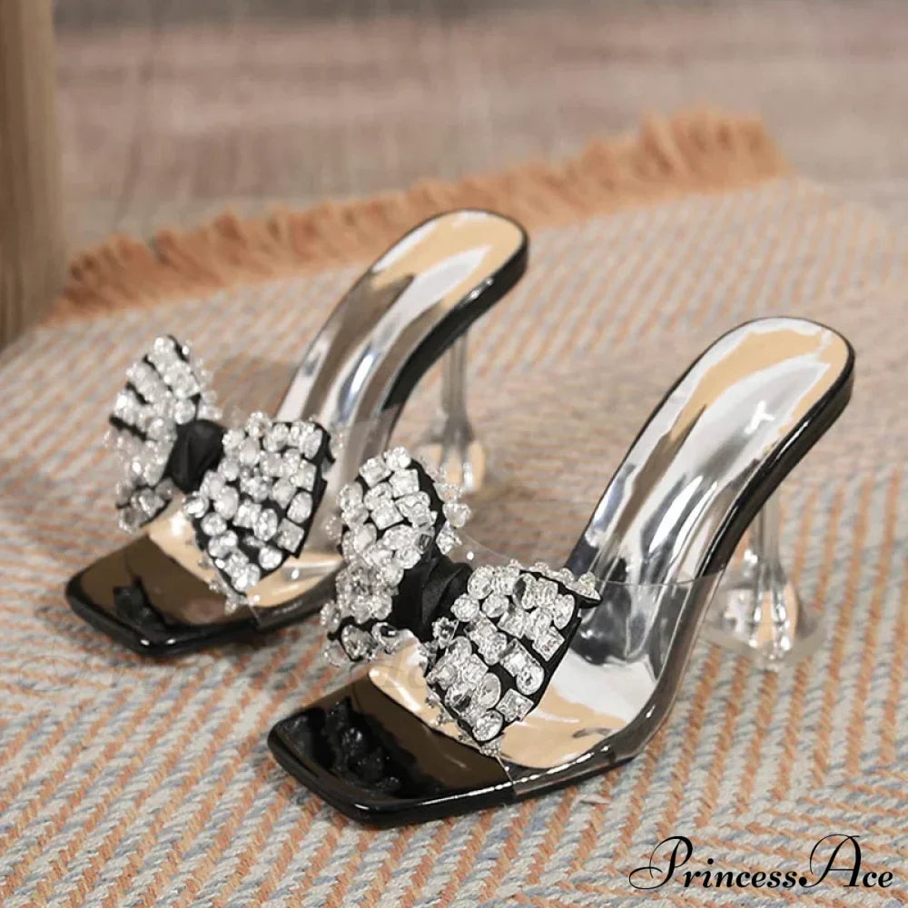 Big Size Women's Clear High Heel Sandals with Crystal Bowknot Square Toe