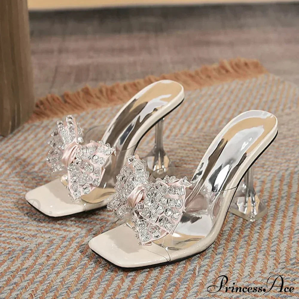 Big Size Women's Clear High Heel Sandals with Crystal Bowknot Square Toe