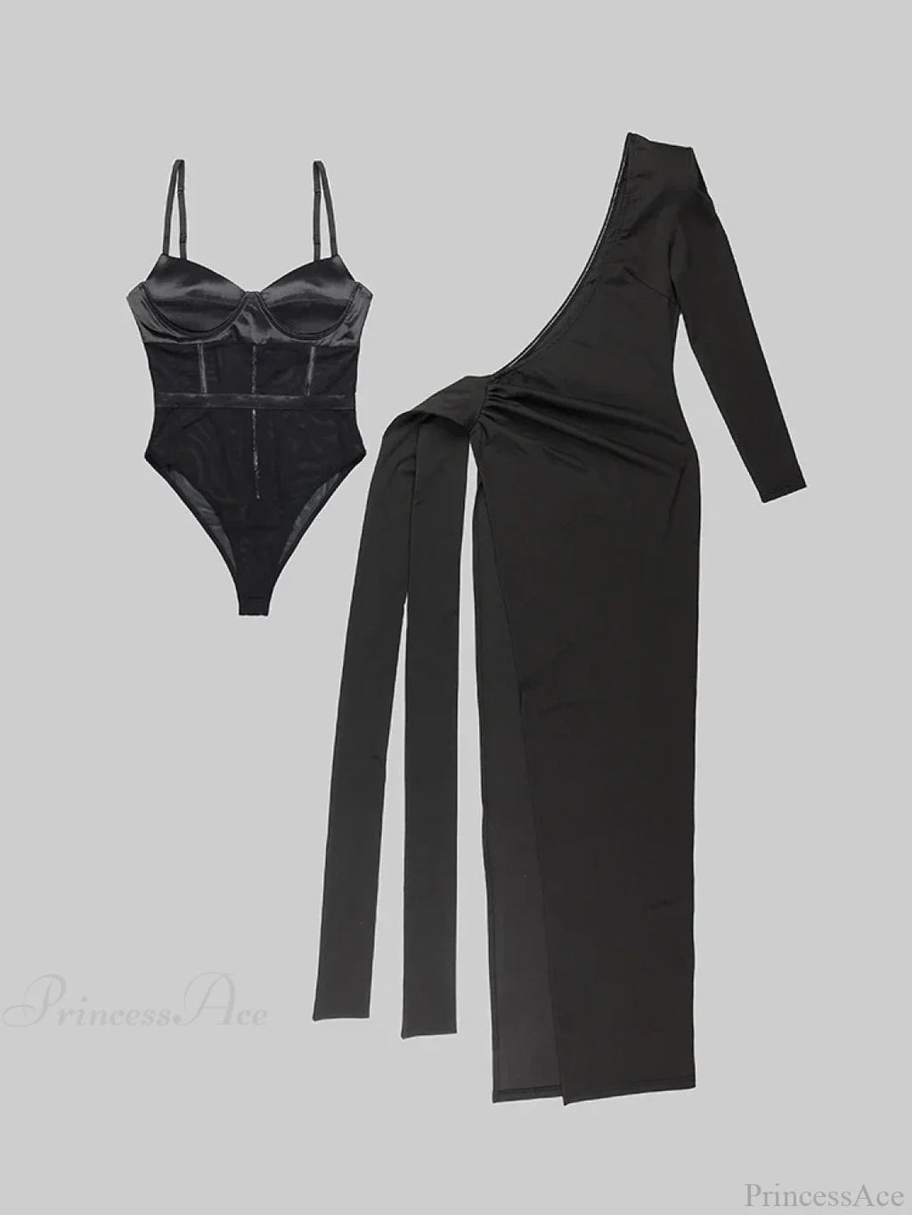Black 2 Piece Set Sexy One Shoulder Long Ruched Elegant Christmas Party Dress