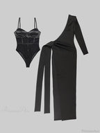 Black 2 Piece Set Sexy One Shoulder Long Ruched Elegant Christmas Party Dress