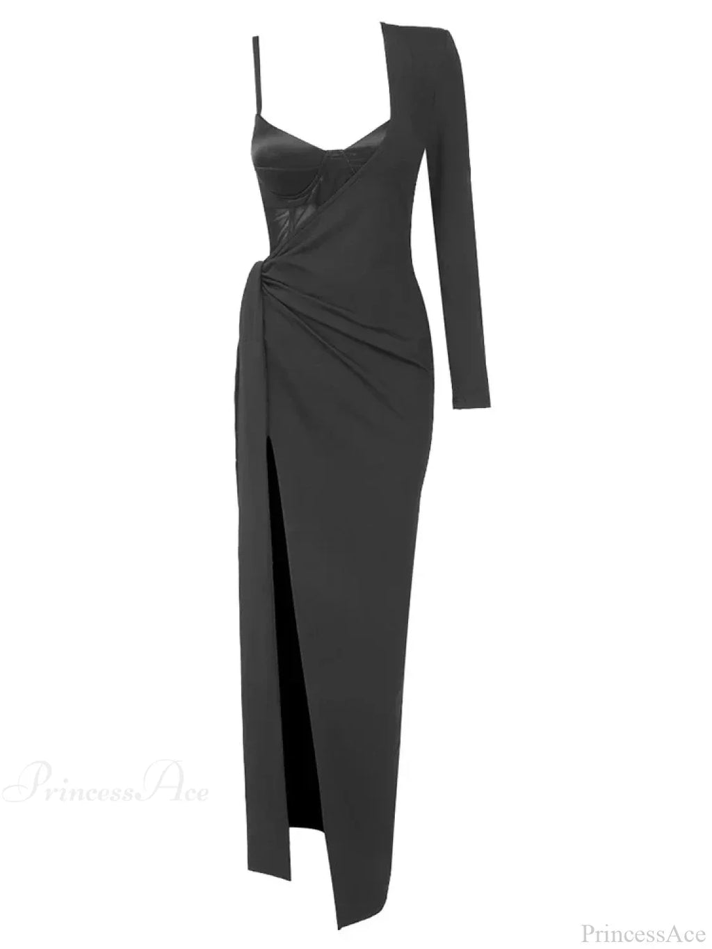Black 2 Piece Set Sexy One Shoulder Long Ruched Elegant Christmas Party Dress