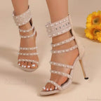 Black Beige Gladiator Sexy Peep Toe Diamond Pearl Ankle Band Zipper Cover Heels High Heel