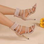 Black Beige Gladiator Sexy Peep Toe Diamond Pearl Ankle Band Zipper Cover Heels High Heel