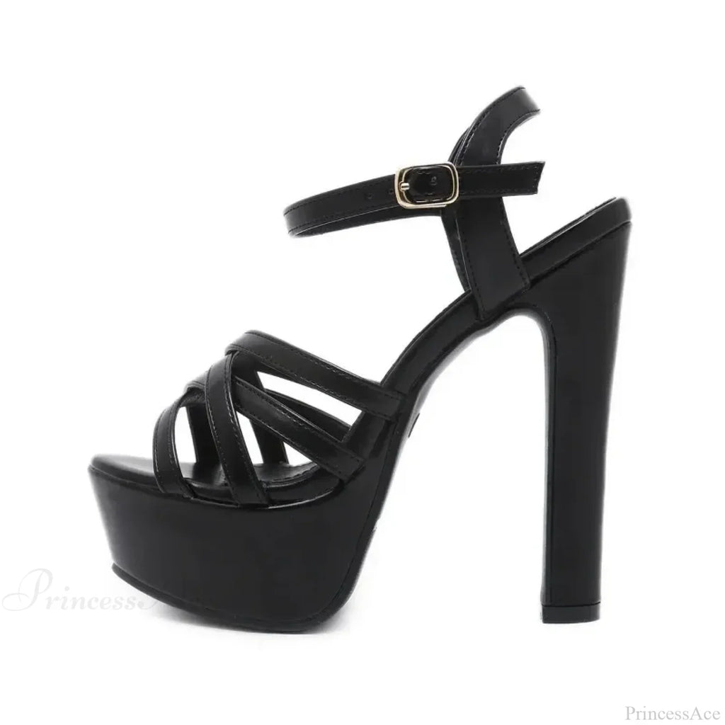 Black/Brown Waterproof Sexy Peep Toe Narrow Band Cross Hollow OutBuckle Strap Thick High Heels Wedding High Heel