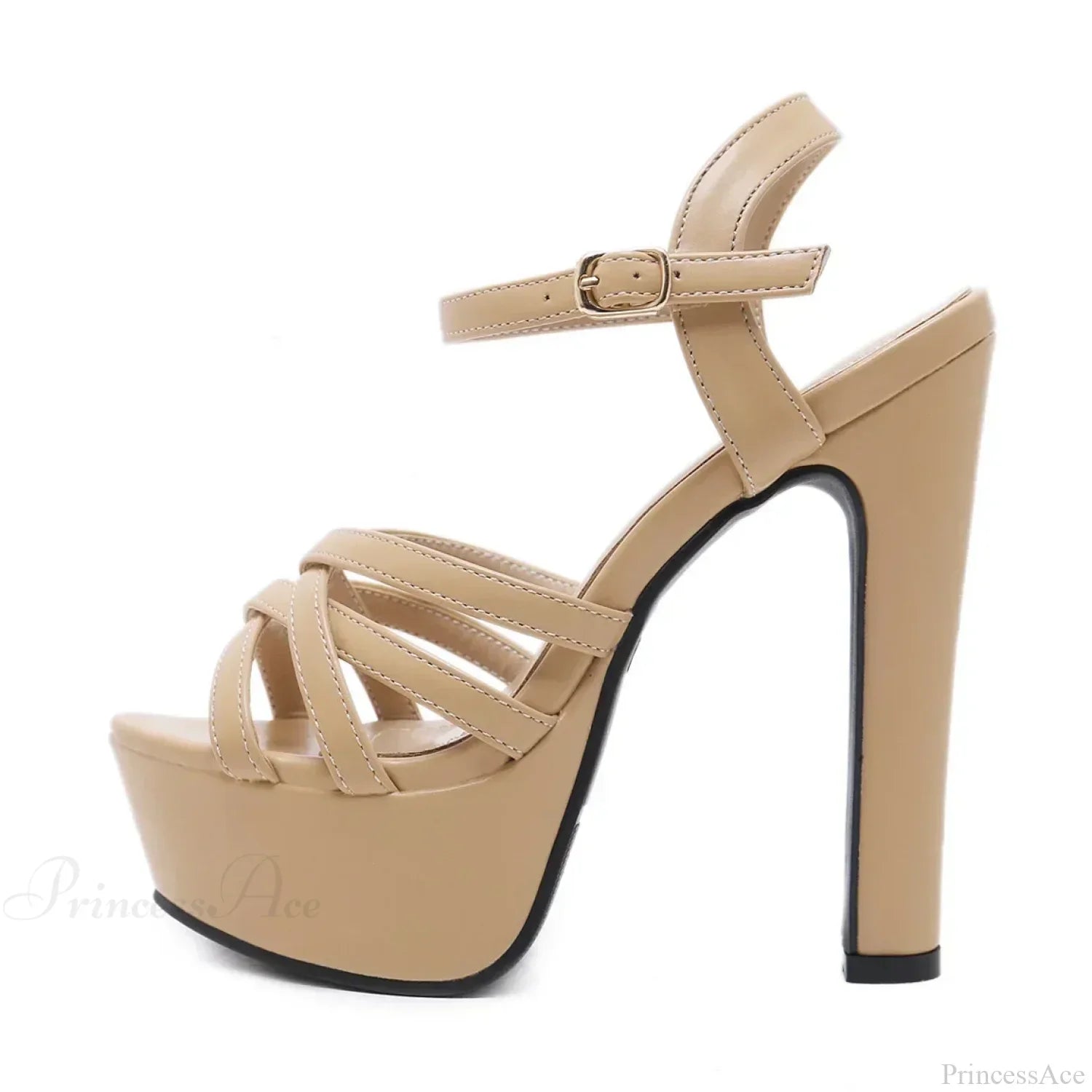 Black/Brown Waterproof Sexy Peep Toe Narrow Band Cross Hollow OutBuckle Strap Thick High Heels Wedding High Heel
