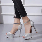 Black/Brown Waterproof Sexy Peep Toe Narrow Band Cross Hollow OutBuckle Strap Thick High Heels Wedding High Heel