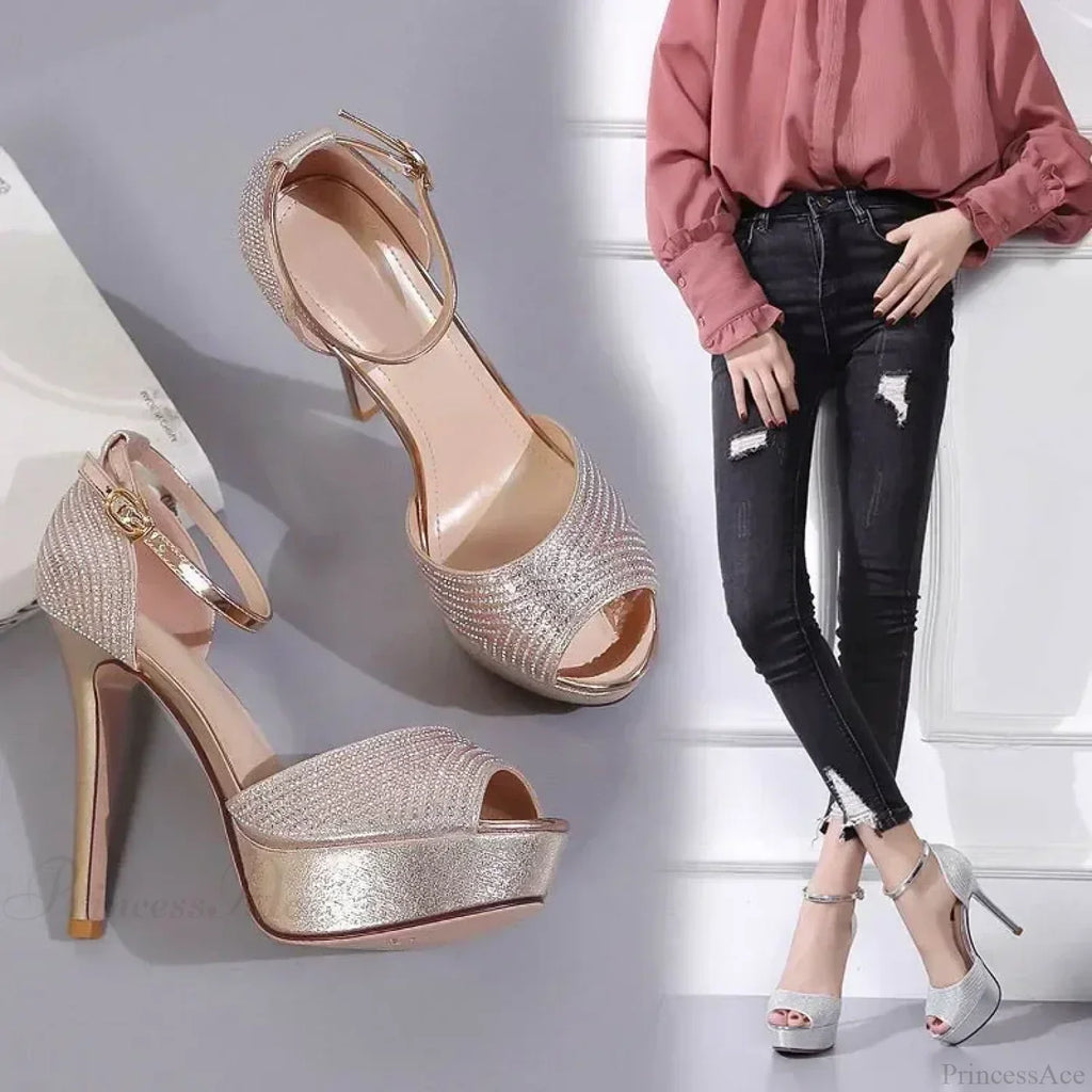 Black/Brown Waterproof Sexy Peep Toe Narrow Band Cross Hollow OutBuckle Strap Thick High Heels Wedding High Heel