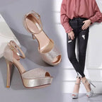 Black/Brown Waterproof Sexy Peep Toe Narrow Band Cross Hollow OutBuckle Strap Thick High Heels Wedding High Heel