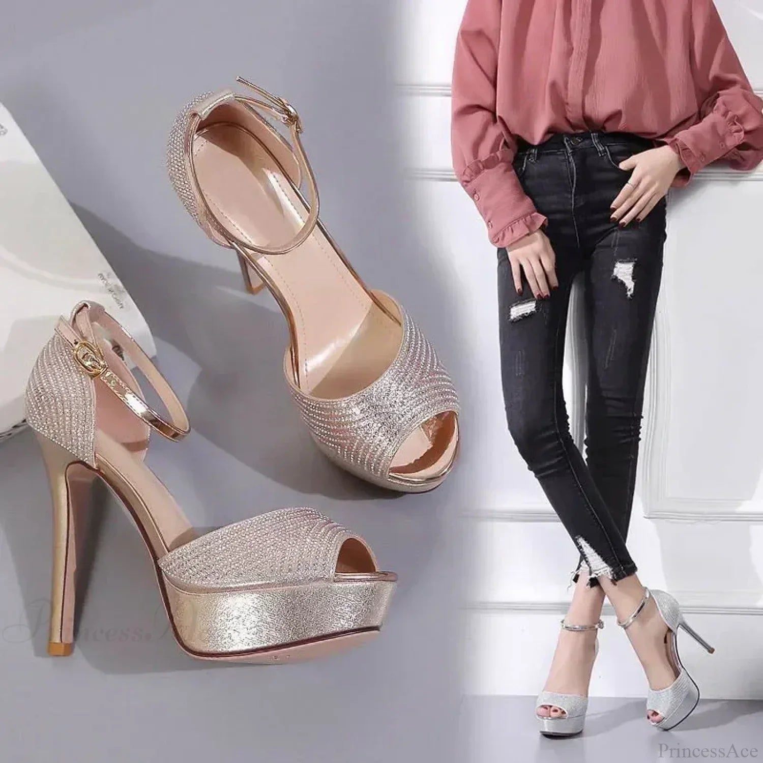 Black/Brown Waterproof Sexy Peep Toe Narrow Band Cross Hollow OutBuckle Strap Thick High Heels Wedding High Heel