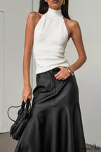 Black Faux Leather Midi Skirt