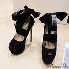 Black High Heels For Women Fashion Ankle Cross Strap Platform Pumps Peep Toe Stiletto Sandals