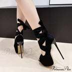 Black High Heels For Women Fashion Ankle Cross Strap Platform Pumps Peep Toe Stiletto Sandals