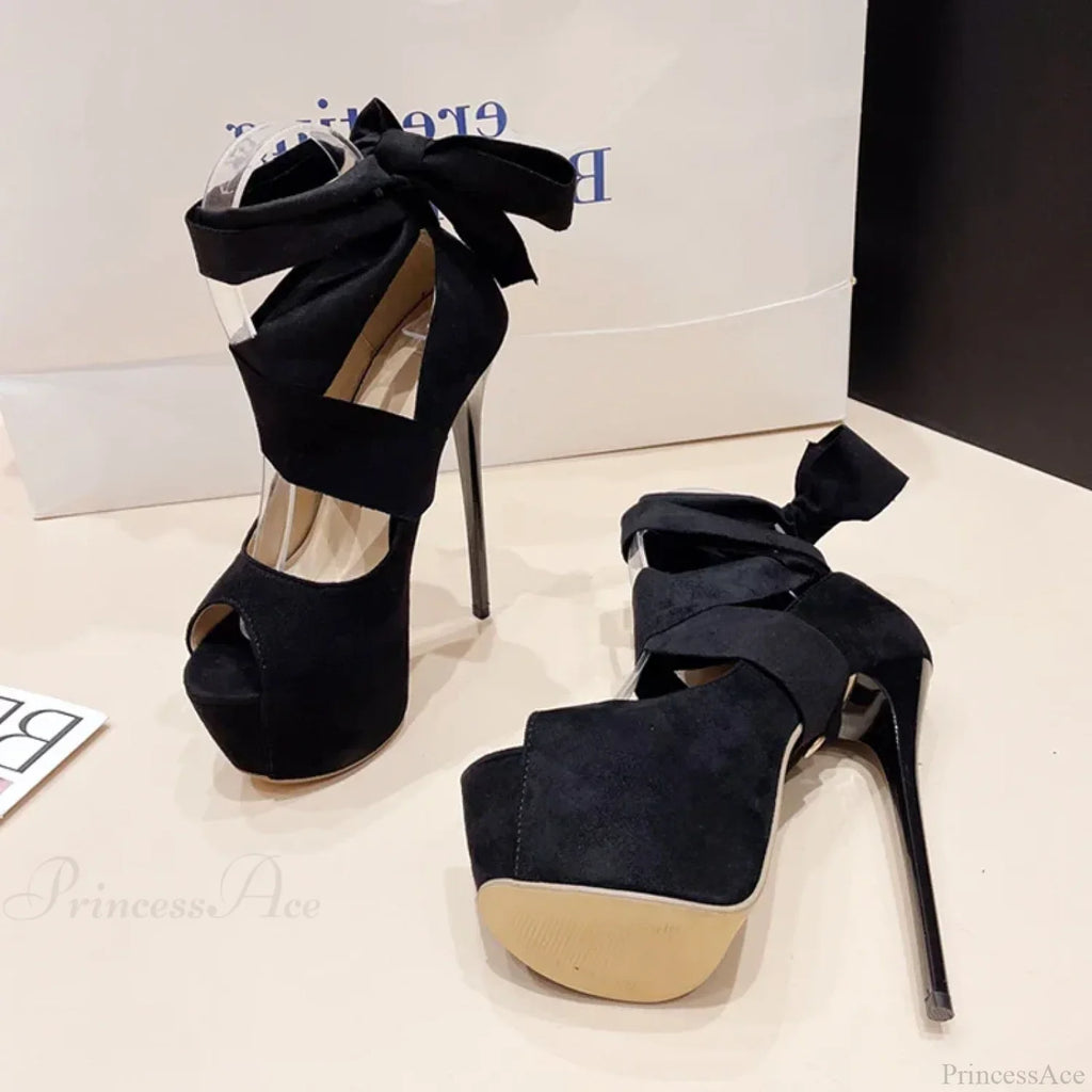 Black High HeelsFashion Ankle-Cross-Strap Platform Pumps Sexy Peep-Toe Party Dress Stiletto High Heel