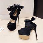 Black High HeelsFashion Ankle-Cross-Strap Platform Pumps Sexy Peep-Toe Party Dress Stiletto High Heel