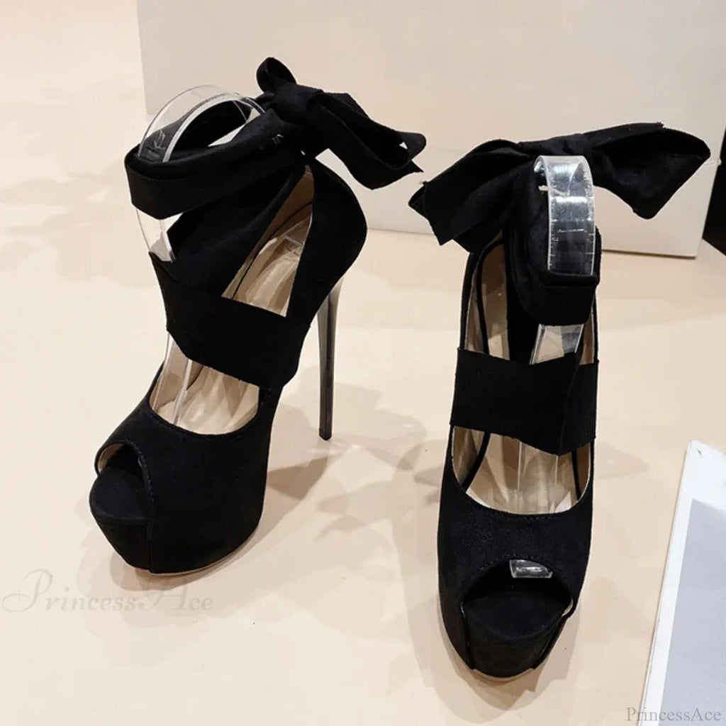 Black High HeelsFashion Ankle-Cross-Strap Platform Pumps Sexy Peep-Toe Party Dress Stiletto High Heel