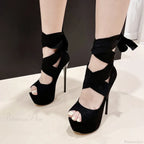 Black High HeelsFashion Ankle-Cross-Strap Platform Pumps Sexy Peep-Toe Party Dress Stiletto High Heel