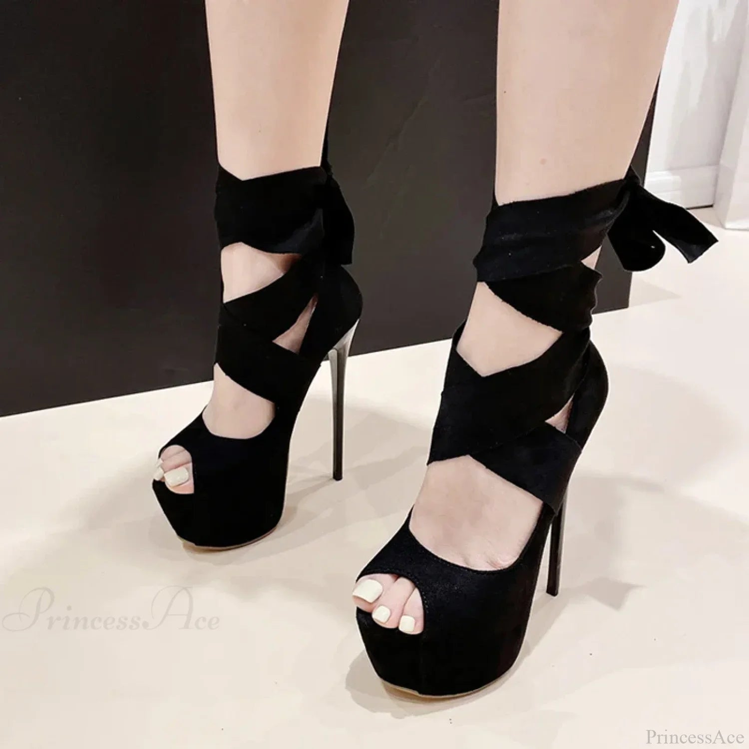 Black High HeelsFashion Ankle-Cross-Strap Platform Pumps Sexy Peep-Toe Party Dress Stiletto High Heel