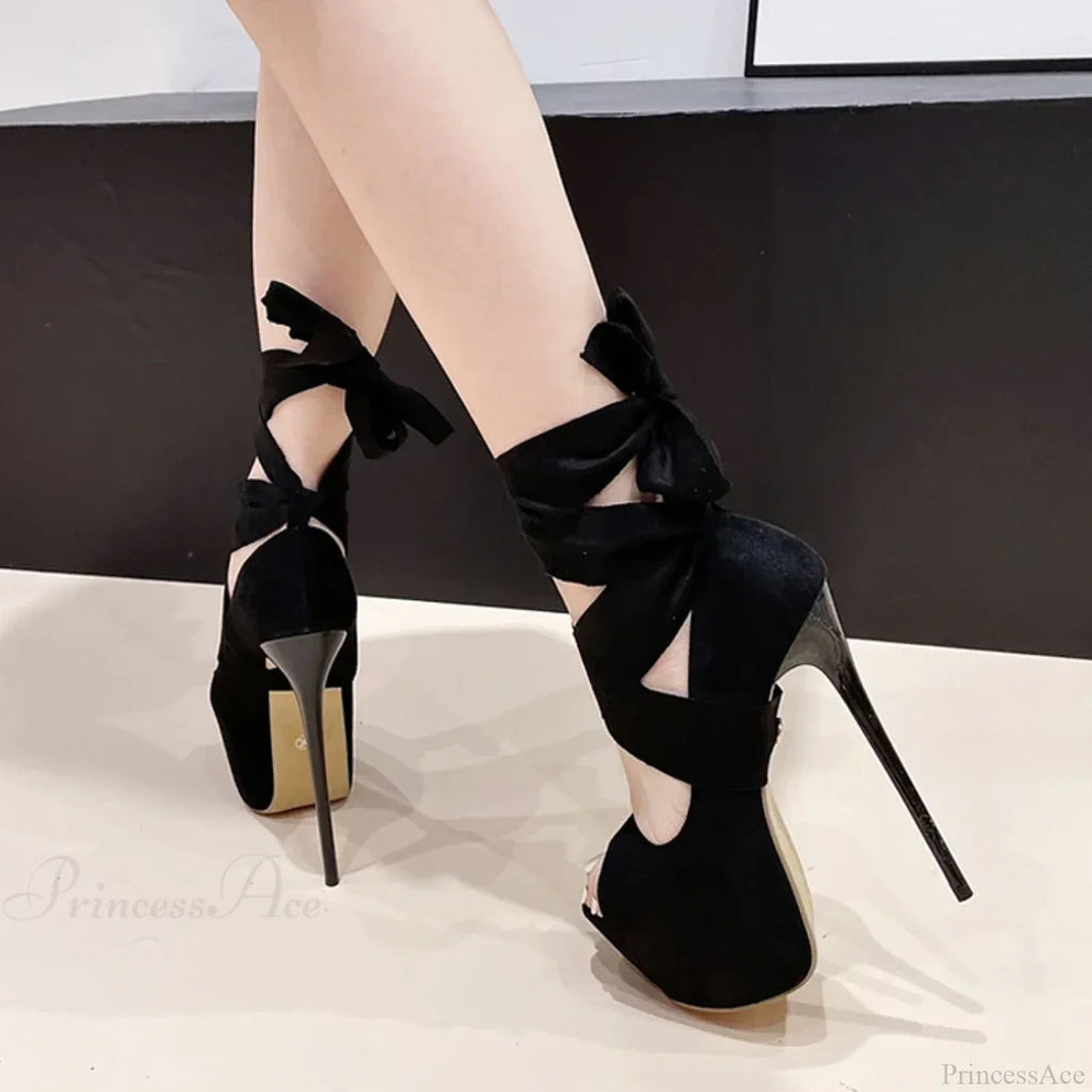 Black High HeelsFashion Ankle-Cross-Strap Platform Pumps Sexy Peep-Toe Party Dress Stiletto High Heel