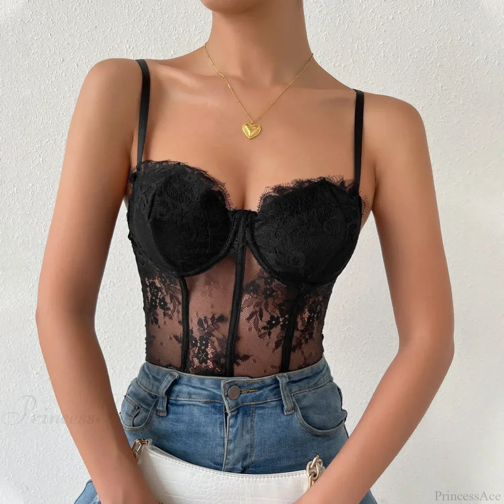 Black Lace Eyelash See-through Fishbone Bustier