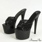 Black Red High Heels Platform Slippers Women Summer Fashion Sequined PVC Transparent Sandals Peep Toe Stripper Shoes