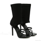 Black Roman Elastic Fabric Sexy Peep Toe Slip-on Thin High Heel Mid Calf Cool Booties Modern High Heel