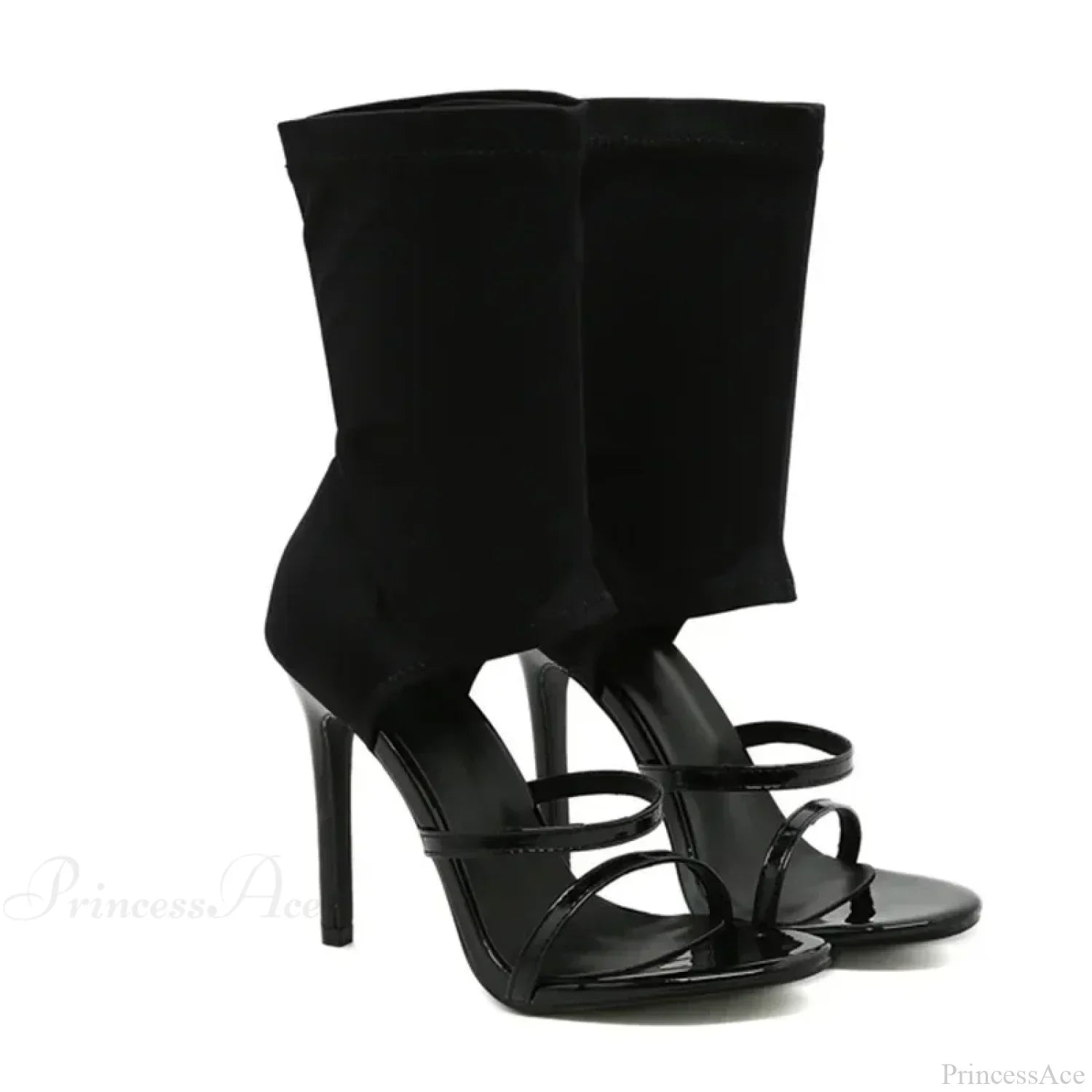 Black Roman Elastic Fabric Sexy Peep Toe Slip-on Thin High Heel Mid Calf Cool Booties Modern High Heel