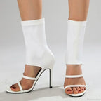 Black Roman Elastic Fabric Sexy Peep Toe Slip-on Thin High Heel Mid Calf Cool Booties Modern High Heel