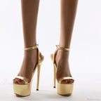Black Round Head Platform Peep Toe Rhinestone BeltBuckle Strap 16CM Thin High Heels Wedding Banquet High Heel