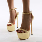 Black Round Head Platform Peep Toe Rhinestone BeltBuckle Strap 16CM Thin High Heels Wedding Banquet High Heel