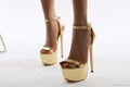 Black Round Head Platform Peep Toe Rhinestone BeltBuckle Strap 16CM Thin High Heels Wedding Banquet High Heel