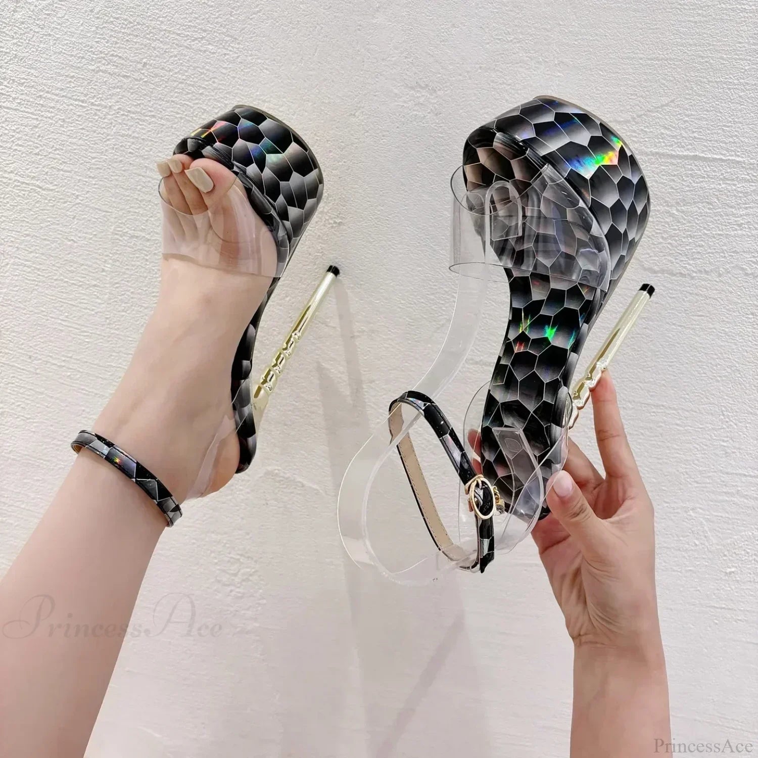 Black Sexy Mesh Butterfly-knot Decoration One Word Peep ToeBuckle Strap Cover Heel Thin High Heeled Banquet High Heel