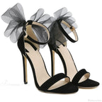 Black Sexy Mesh Butterfly-knot Decoration One Word Peep ToeBuckle Strap Cover Heel Thin High Heeled Banquet High Heel