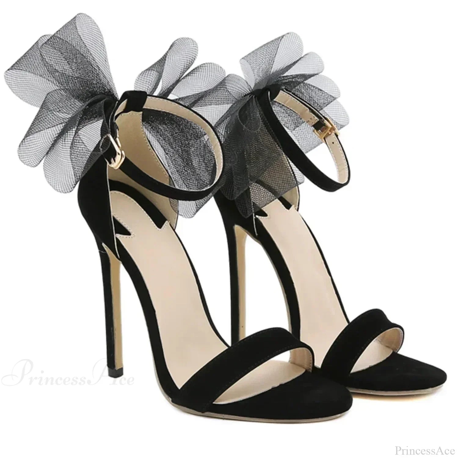 Black Sexy Mesh Butterfly-knot Decoration One Word Peep ToeBuckle Strap Cover Heel Thin High Heeled Banquet High Heel