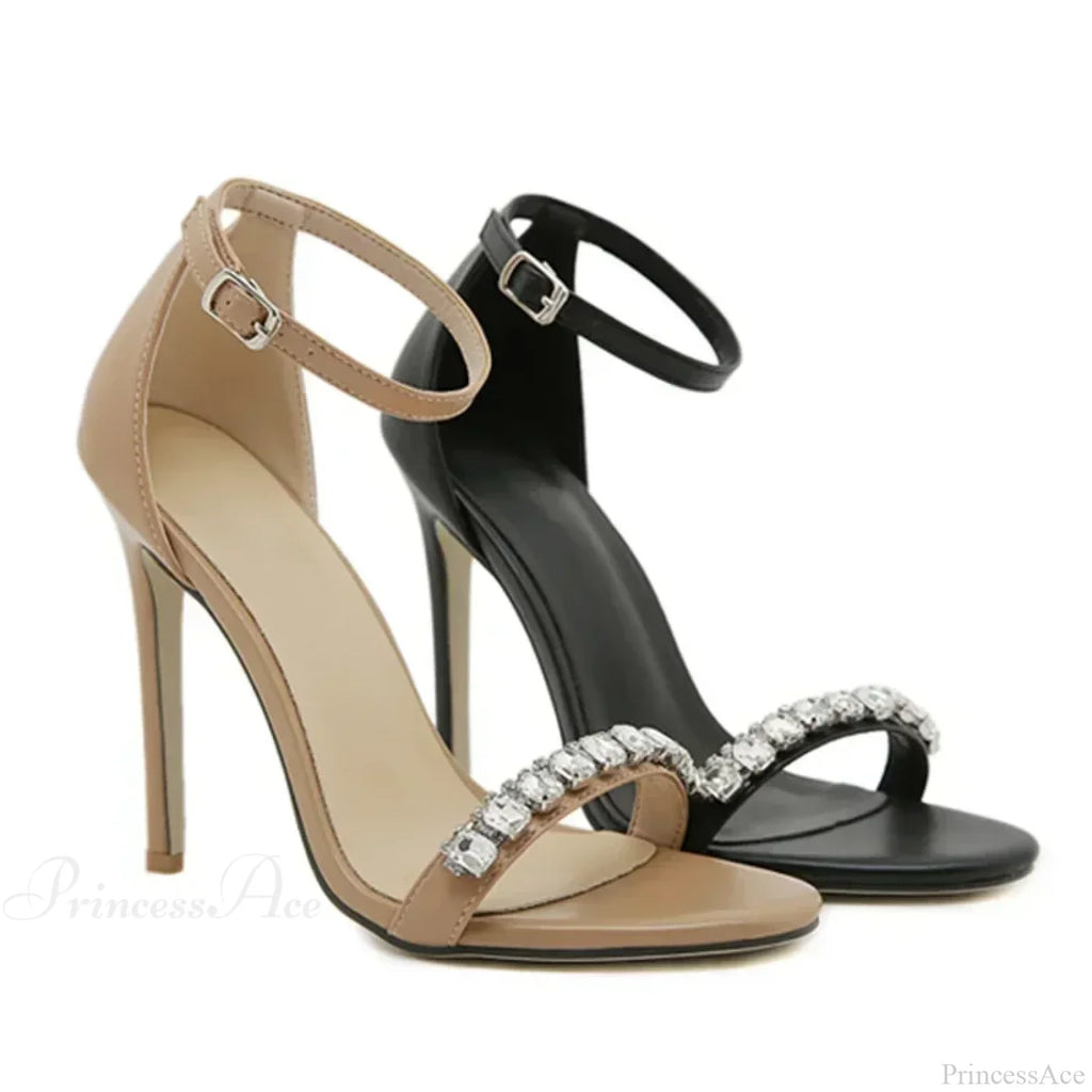 Black Sexy Open Toe Rhinestone Band SandalsBuckle Strap Cover Heeled Pumps Stiletto Wedding High Heel