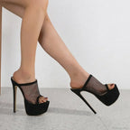 Black Sexy Peep Toe Platform Mesh Hollow Out 16CM Thin High Heel Pole Dance Shoes High Heel