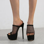 Black Sexy Peep Toe Platform Mesh Hollow Out 16CM Thin High Heel Pole Dance Shoes High Heel