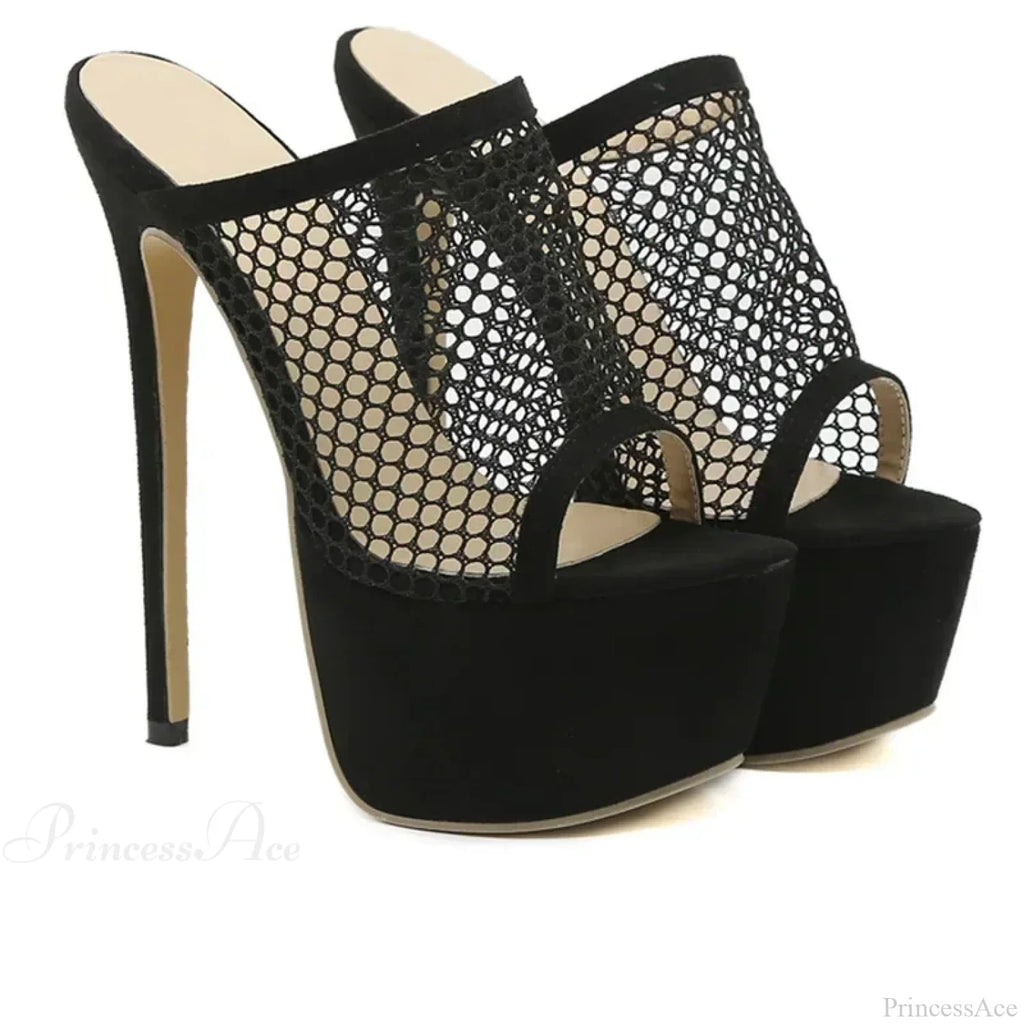 Black Sexy Peep Toe Platform Mesh Hollow Out 16CM Thin High Heel Pole Dance Shoes High Heel