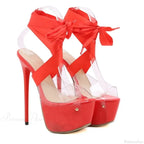 Black Sexy Thigh High Broad Band Strap Platform Transparent Peep Toe Club Party Stripper 16CM Stiletto High Heel