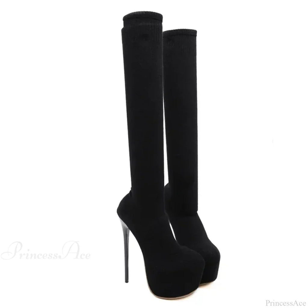 Black Sexy Thigh High Long Socks Boots Pointed Toe 16CM High Heels Platform Slim Elastic High Heel