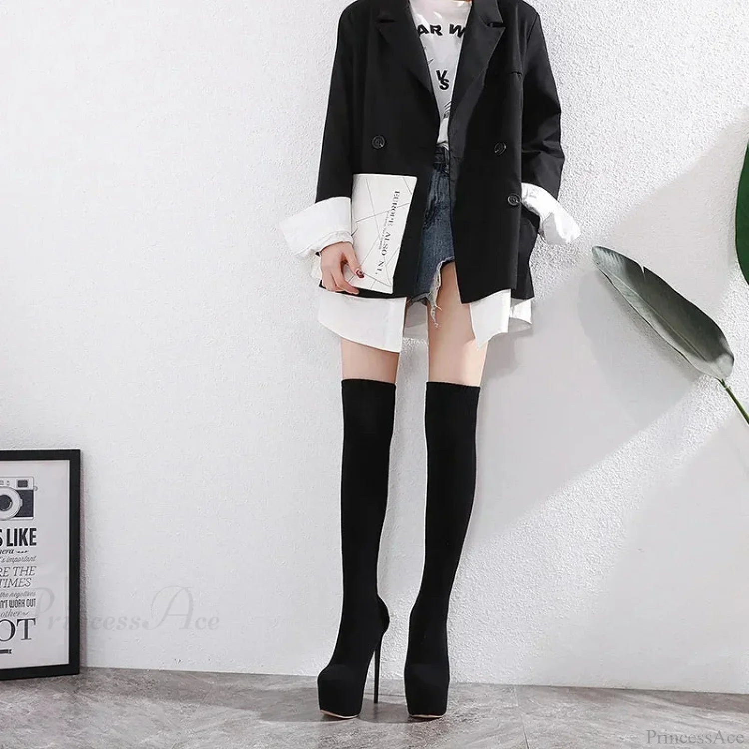 Black Sexy Thigh High Long Socks Boots Pointed Toe 16CM High Heels Platform Slim Elastic High Heel