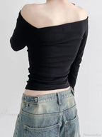 Black Slash Neck Elegant Long Sleeve Slim Knit Top