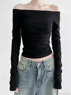 Black Slash Neck Elegant Long Sleeve Slim Knit Top