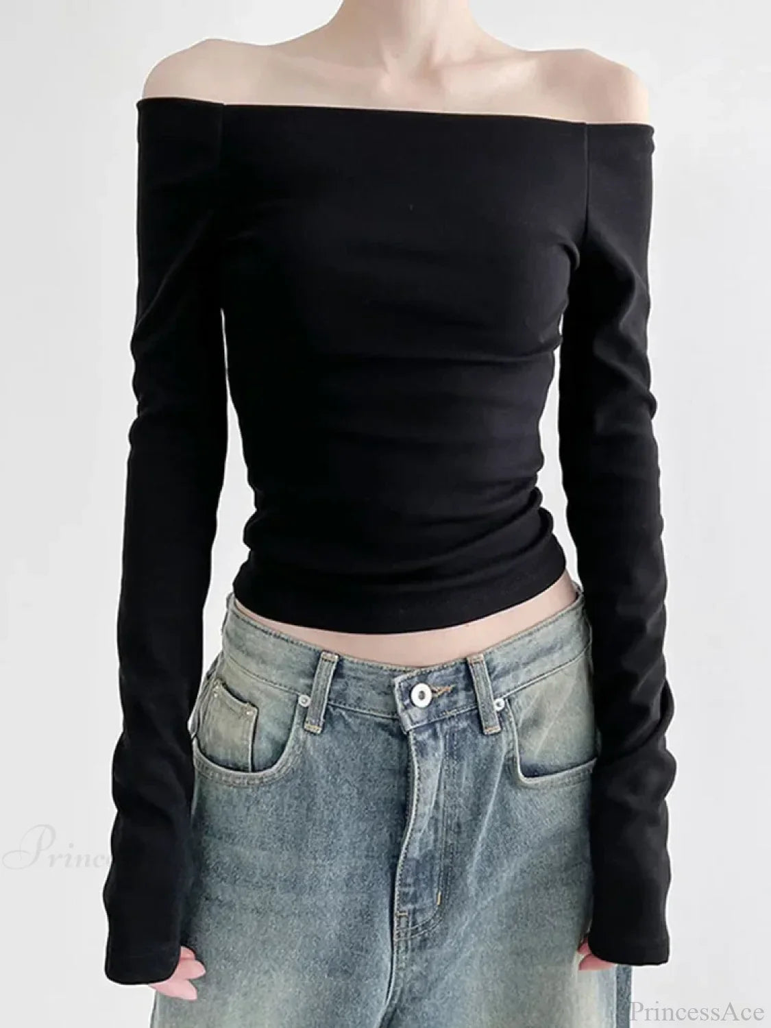 Black Slash Neck Elegant Long Sleeve Slim Knit Top
