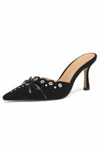 Suede Point Toe Bow Hollow Mule Pumps