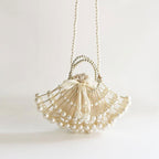Faux Pearl Drawstring Pouch Top Handle Bag - Beige