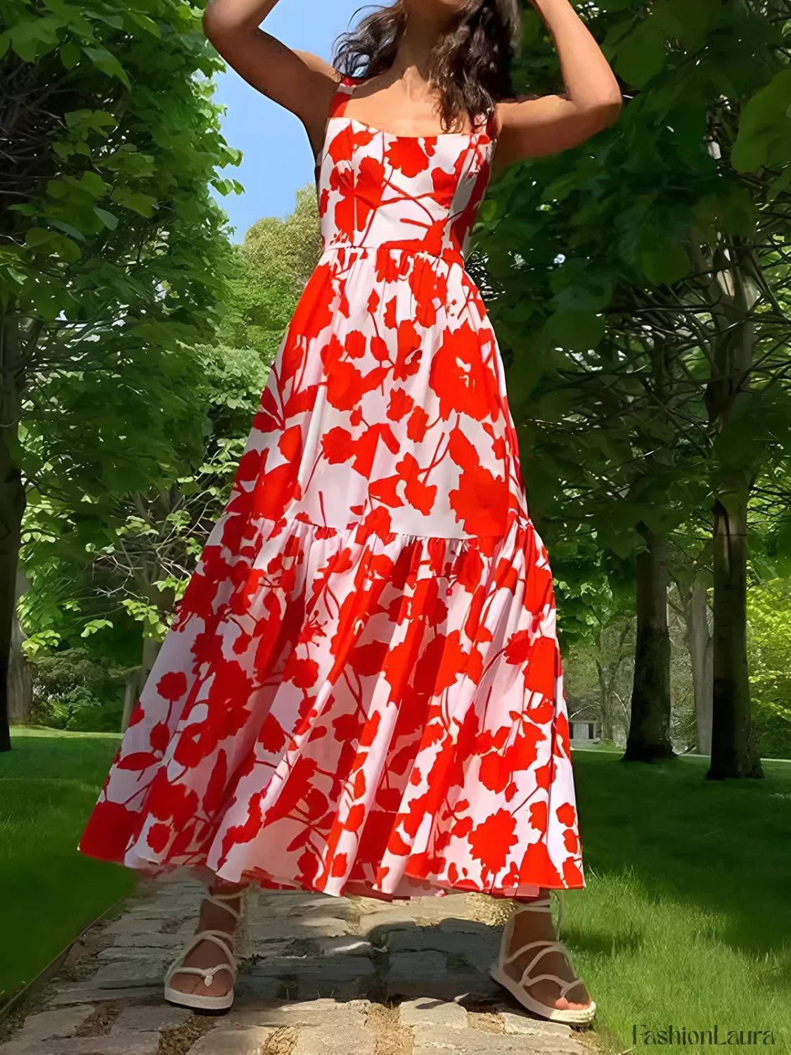 Red Blooming In Floral Print Cami Long Dress
