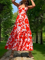 Red Blooming In Floral Print Cami Long Dress